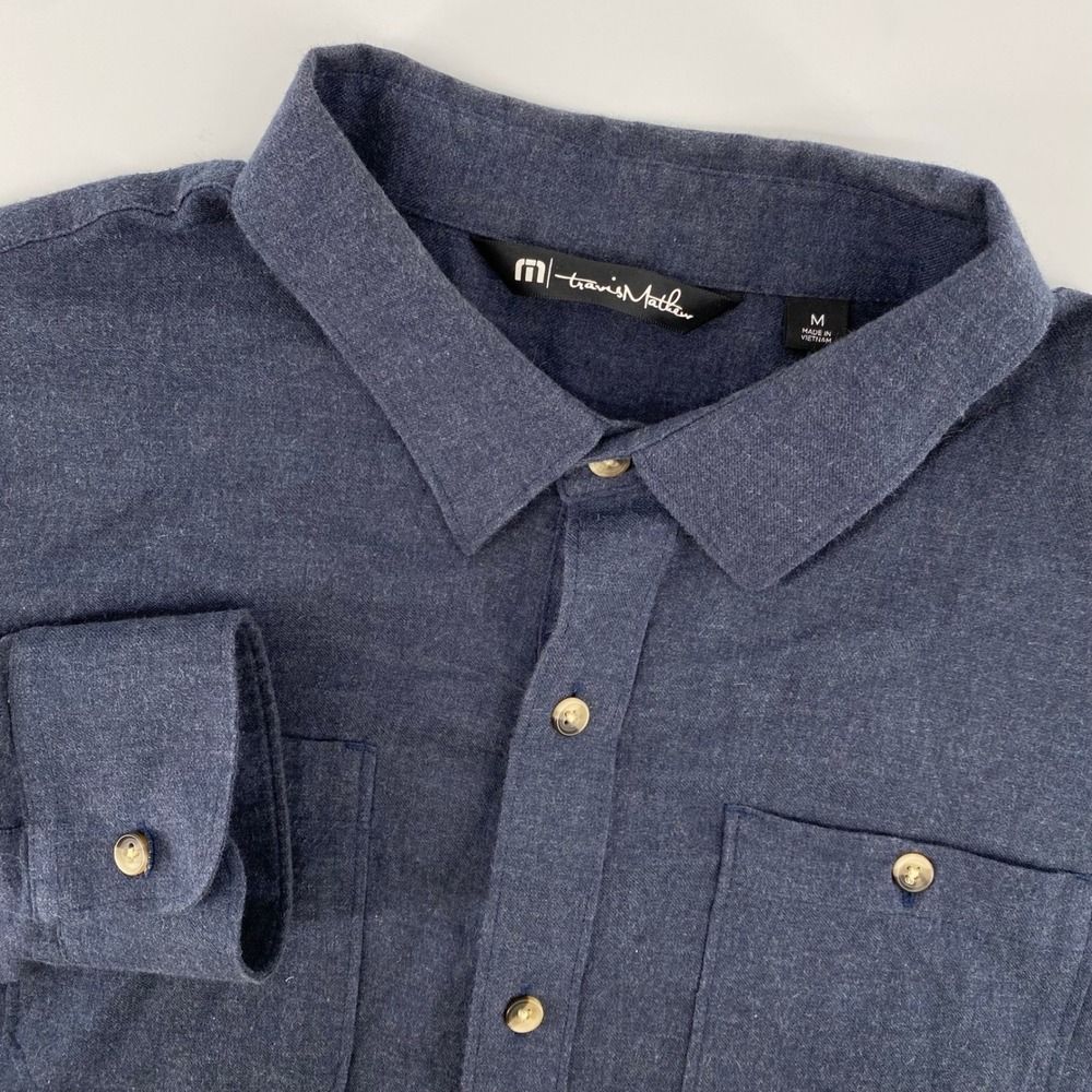Travis Mathew Button Down Shirt Mens M Navy Blue Heathered Long Sleeve Pocket